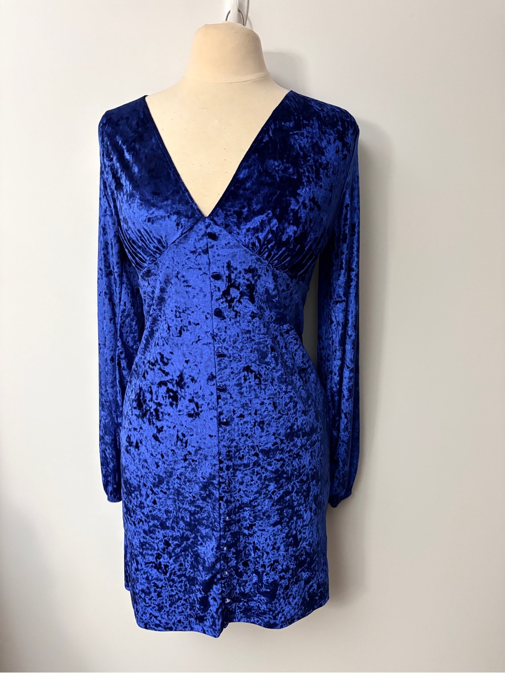 ASOS Royal Blue Crushed Velvet V-Neck Long Sleeve Mini Dress